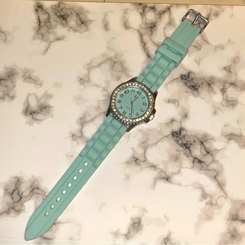 NWOT Charming Charlie Pastel Blue Green Crystal Halo Rubber Silicone Watch - Picture 1 of 10
